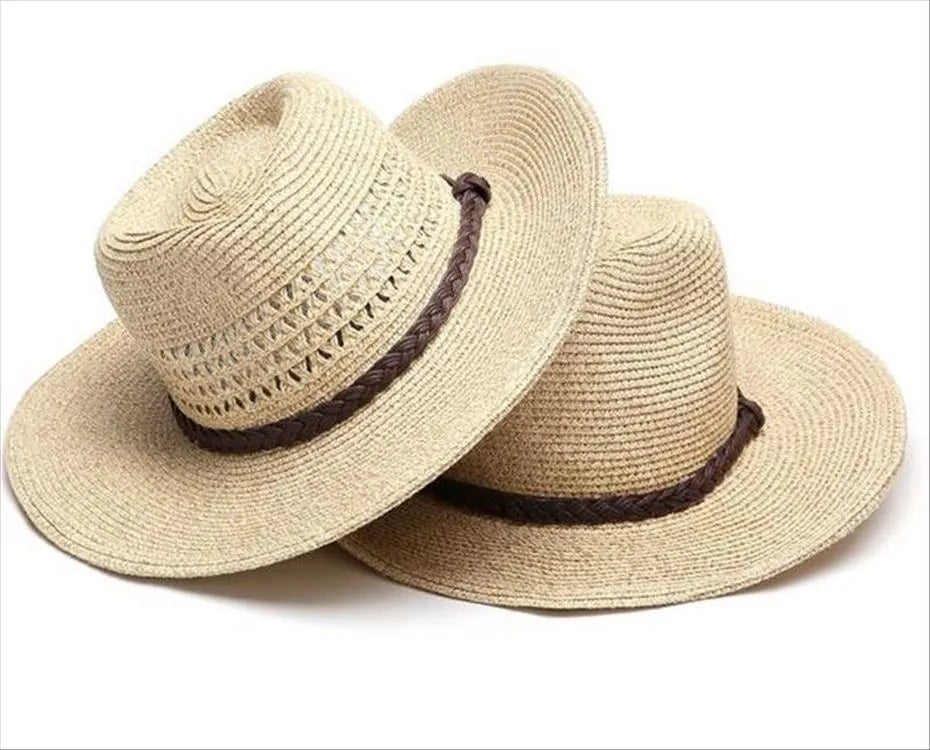 Men's foldable straw sun hat with wide brim in beige colour shown from side view