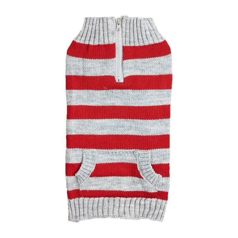 Grey dog sweater with a horizontal zipper and button pocket on a small dog.