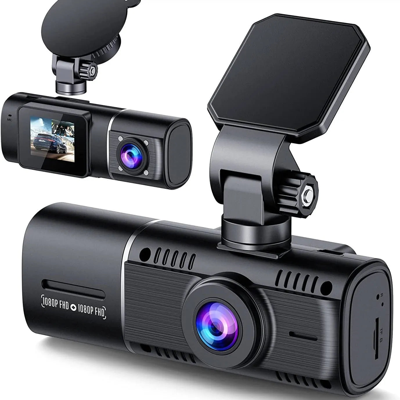 Standard black dual-channel dashboard camera with a 1.5-inch screen, shown with car charger and mounting stand.