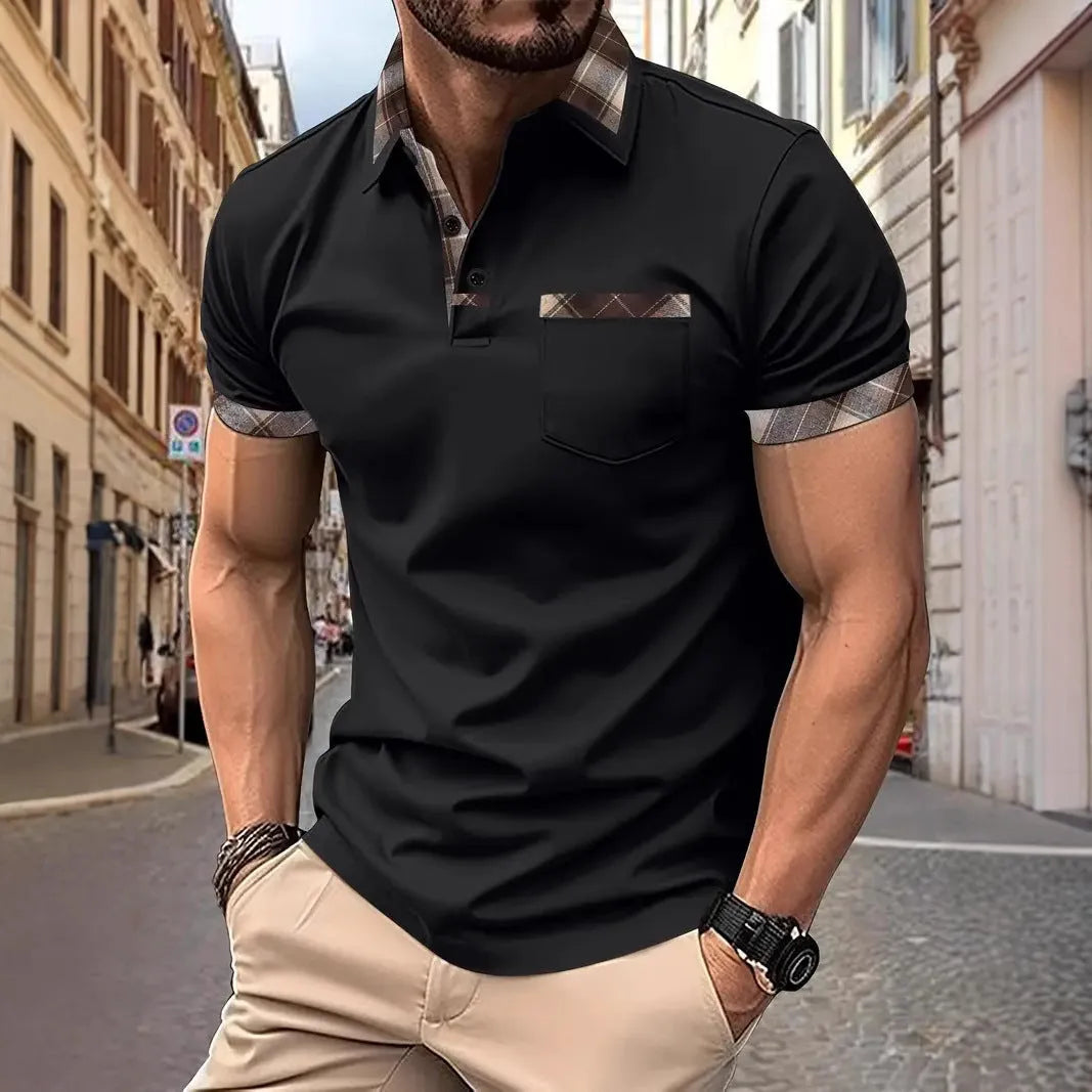 Men's plaid colourblock t-shirt in polyester fabric with short sleeves and loose fit