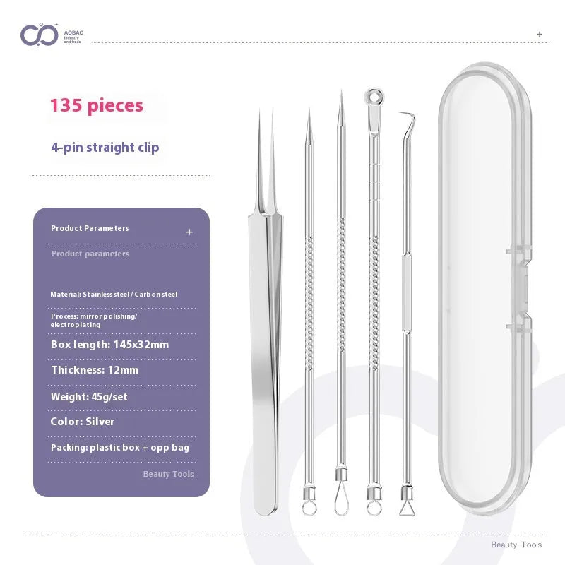 Four silver metal acne needles with ultra-fine pointed tips for skincare treatment.