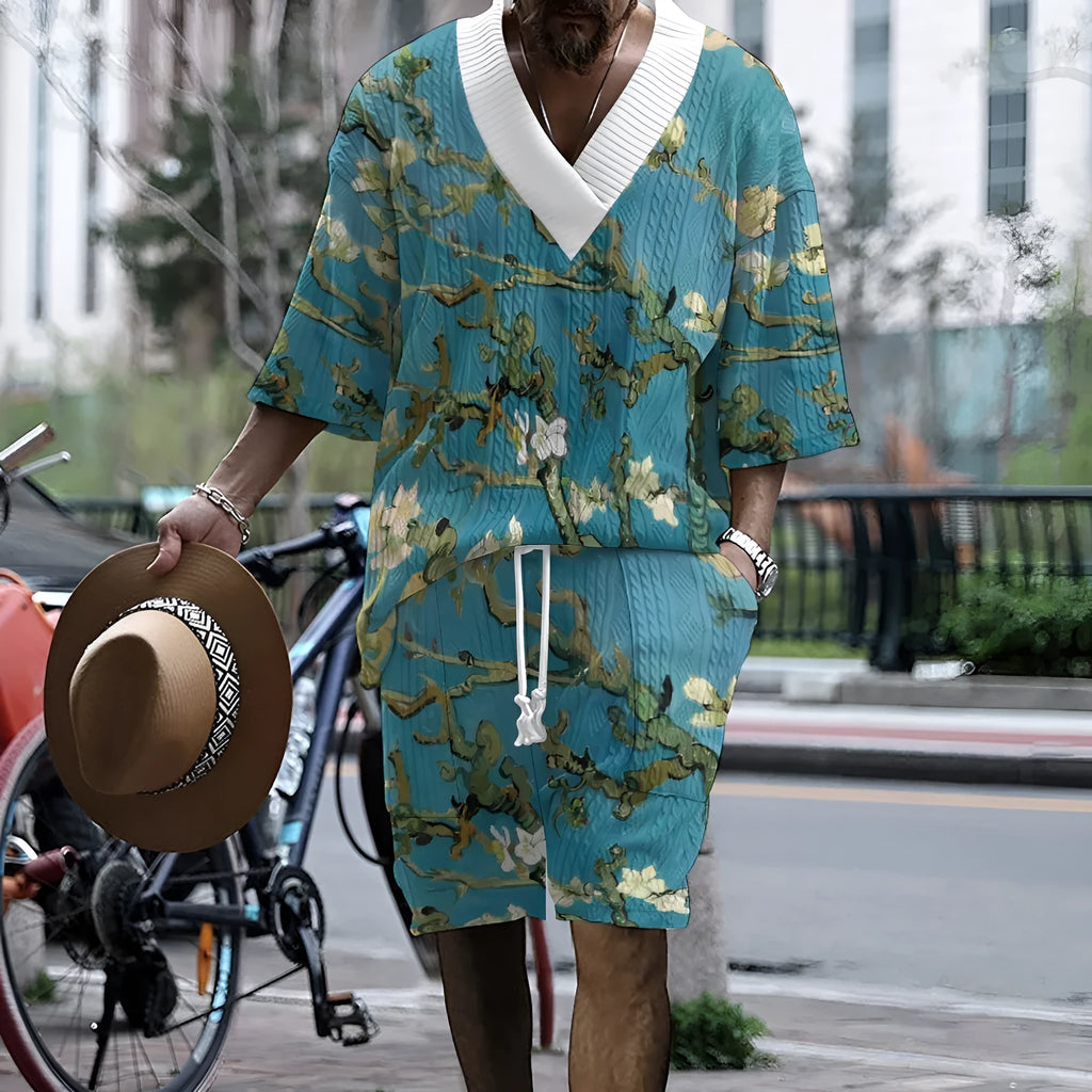 Men's peacock blue 3D printed knitted shorts suit with t-shirt top and fifth pants length shorts