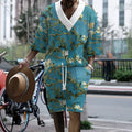 Men's peacock blue 3D printed knitted shorts suit with t-shirt top and fifth pants length shorts