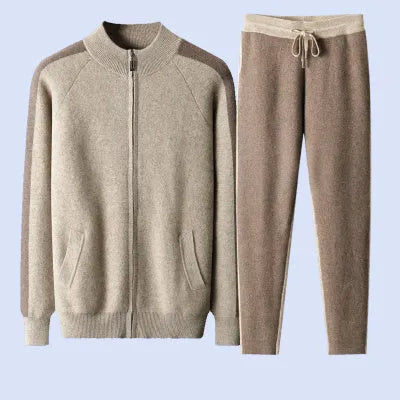 Men's cashmere wool blend cardigan suit with half turtleneck and trousers in winter colours