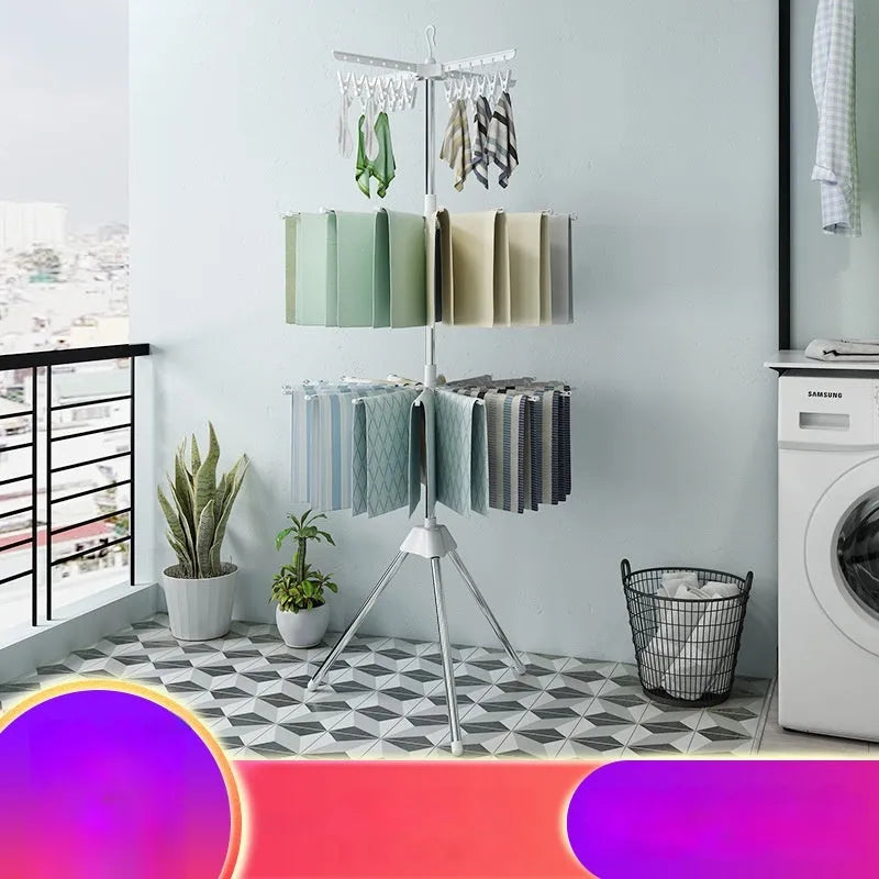 Three-layer stainless steel mobile drying rack with split plastic clips for socks, trousers and ties