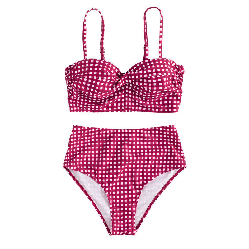 Women's high-waist bikini swimsuit with plaid split design on briefs and coordinating top