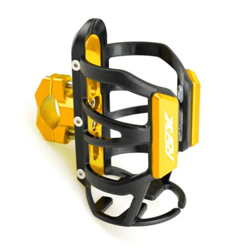 Black water bottle cage mounted on the bumper of a Honda X-ADV scooter