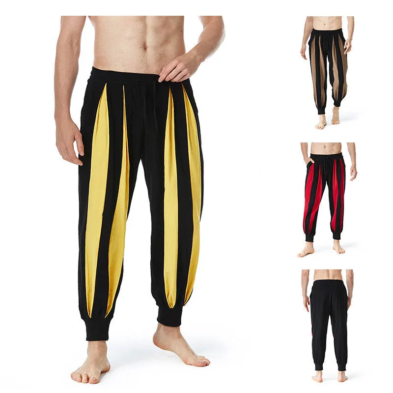 Men's straight-leg casual trousers in brown, khaki, red, or yellow colour options.