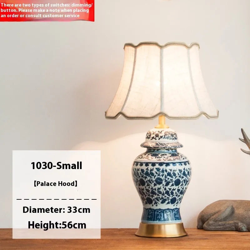 Chinese blue and white porcelain table lamp with handmade ceramic shade and copper base