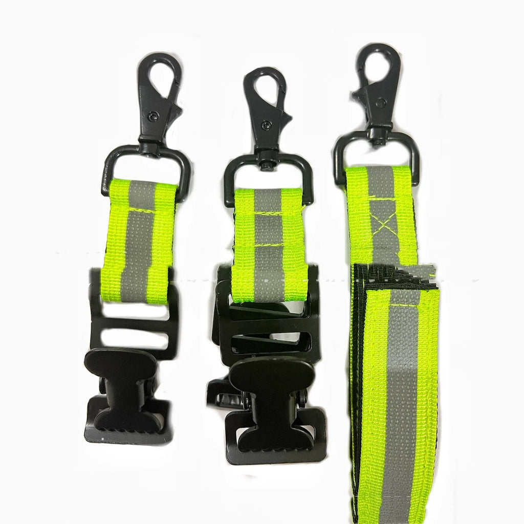 Fluorescent green universal fireman gloves safety clamp with metal buckle and reflective tape.