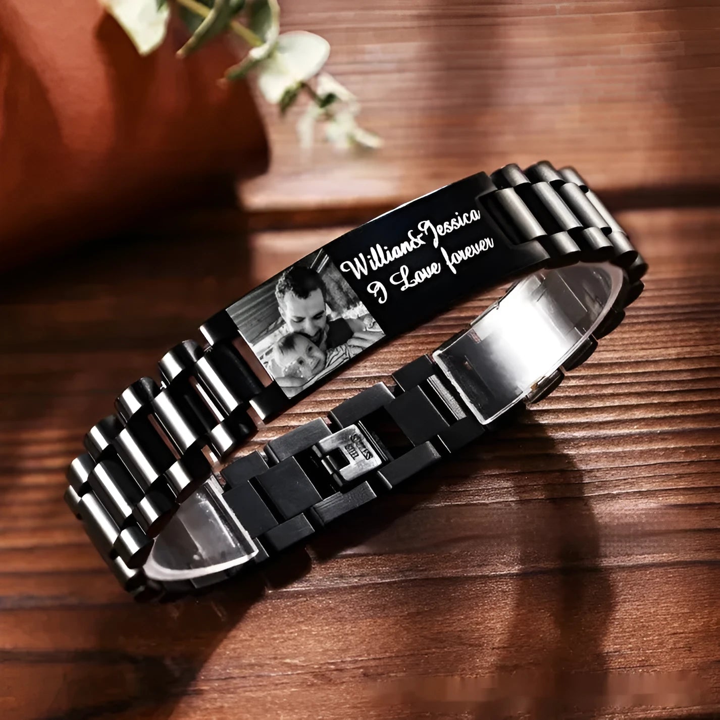 Titanium steel curved bracelet with engraved lettering in black or grey options