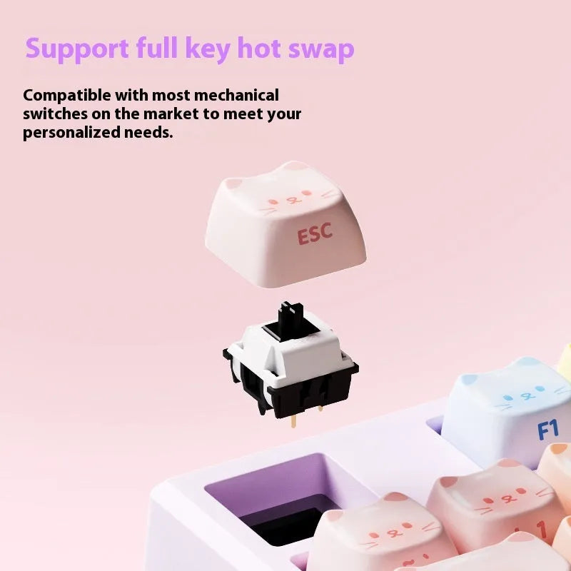 Bluetooth mechanical keyboard with sugar cat design in MG108B colours showing piano-style switches