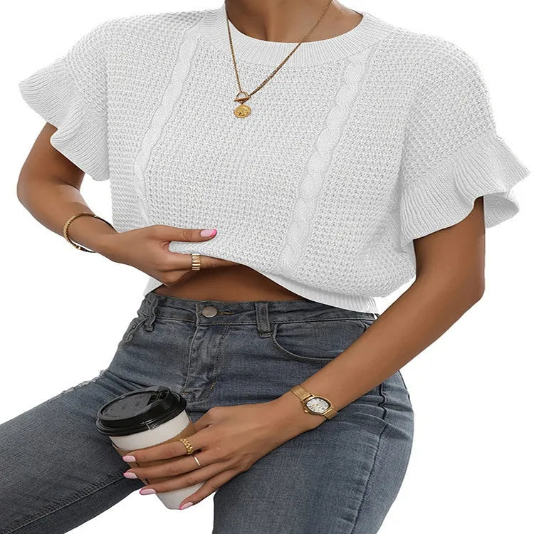 Twisted string ruffle sleeve knitted pullover sweater in Japanese Korean casual style