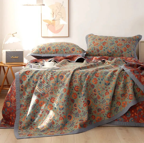 Cotton gauze bed blanket set with matching floral pillowcases in three size options