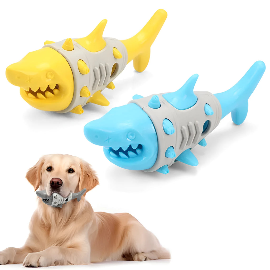 Blue shark-tooth textured dog chew toy for teething puppies on a white background.