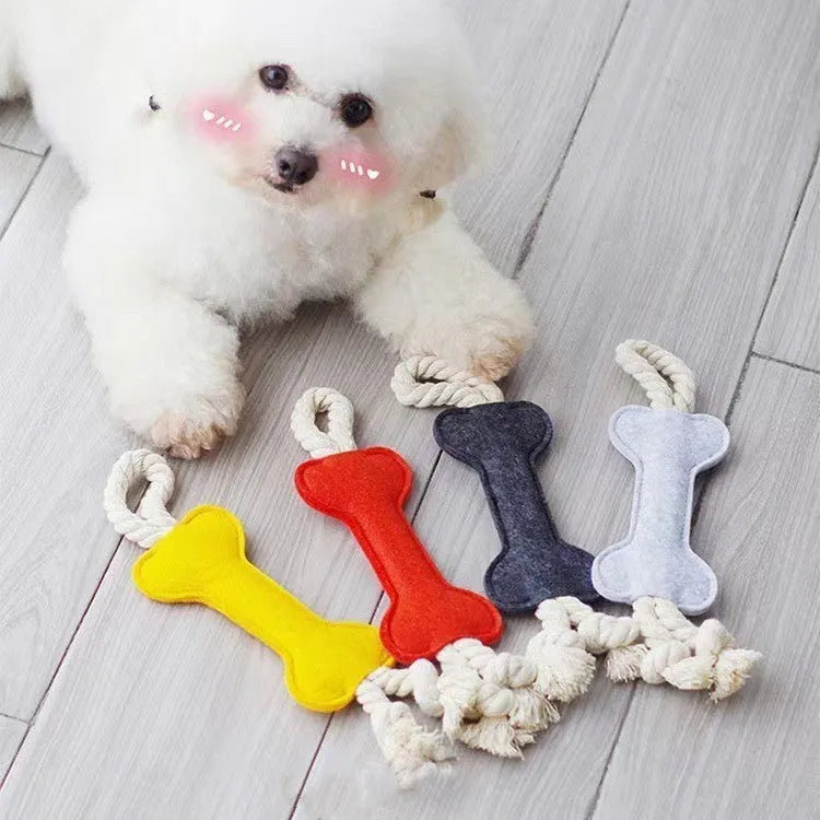 Felt bone shaped dog chew toy with rope knot texture in blue colour