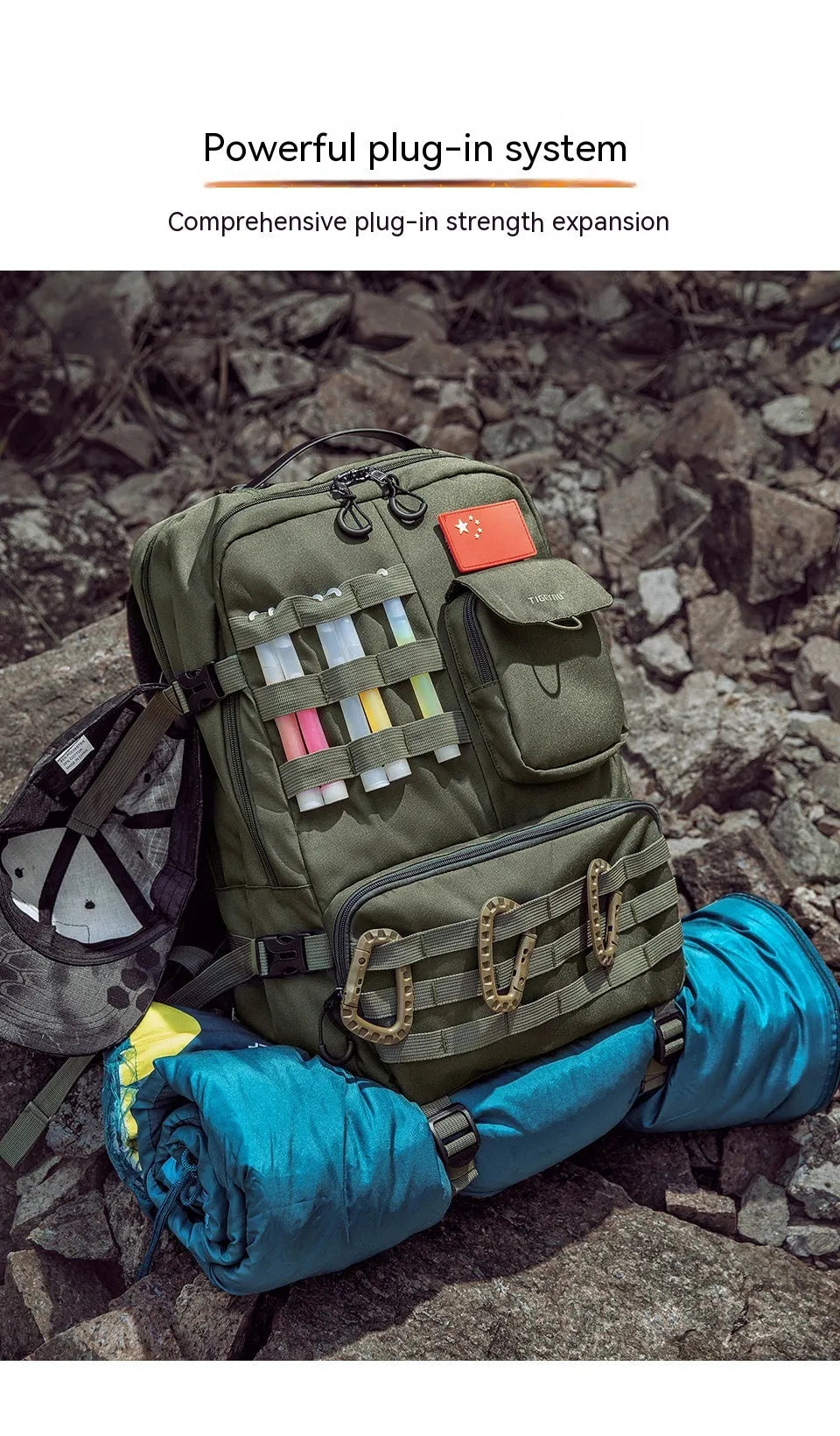 Army Green waterproof tactical backpack with 17-inch frame showing 20-35L capacity