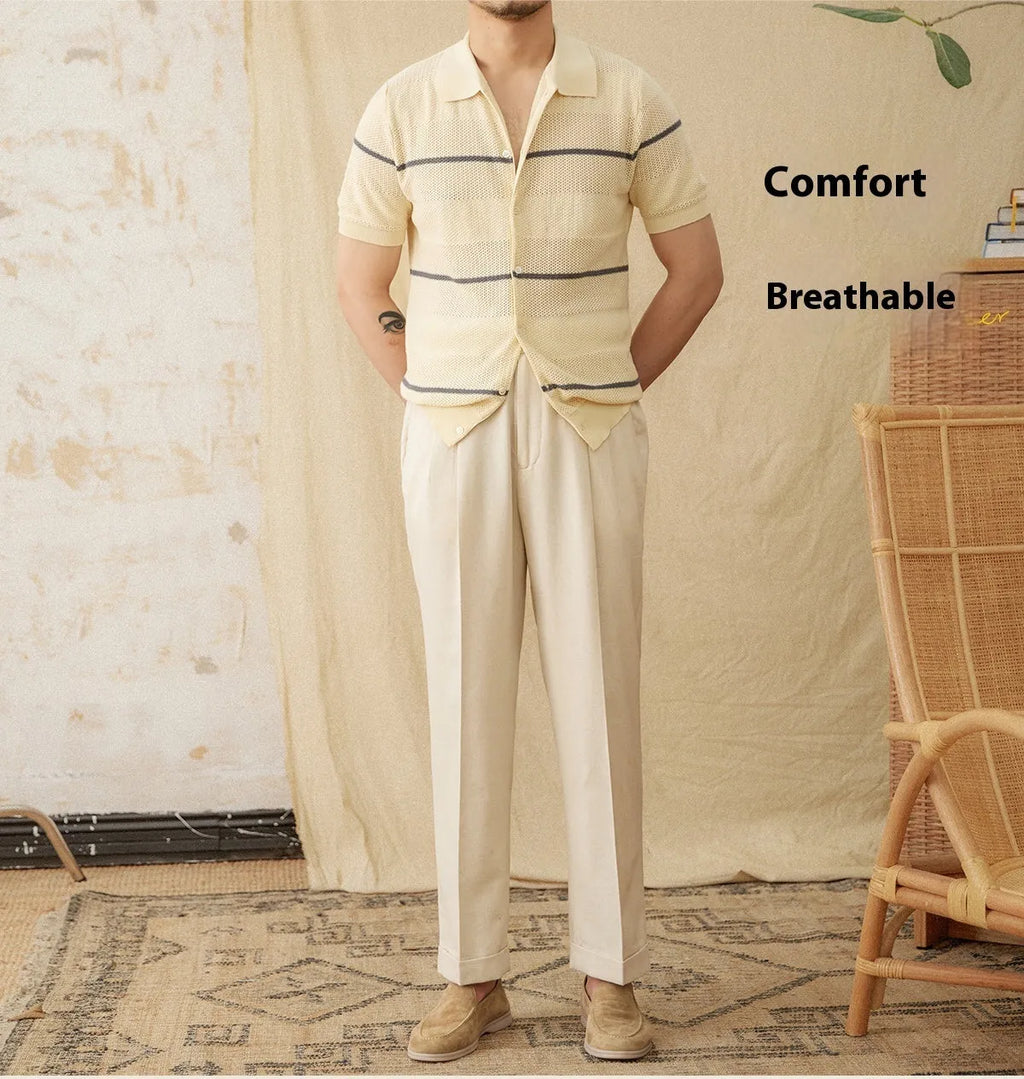 Camel coloured lapel collar cardigan with short sleeves made from cotton linen blend fabric