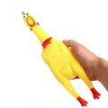 Yellow rubber screaming chicken dog squeak toy shown in small, medium and large sizes