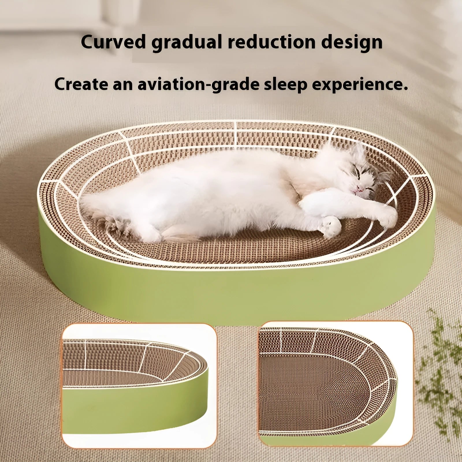 Green oval corrugated paper cat nest with scratch board surface measuring 55 cm diameter