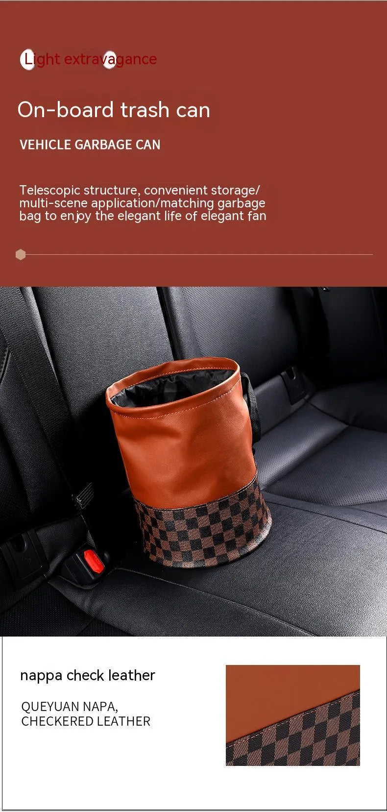 Black retractable leather car rubbish bin showing collapsed and expanded positions