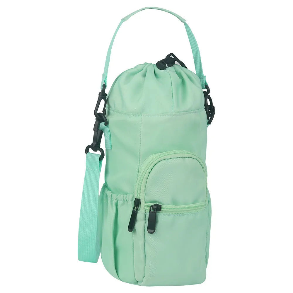 Canvas water bottle pouch with crossbody strap in black, green or pink colours