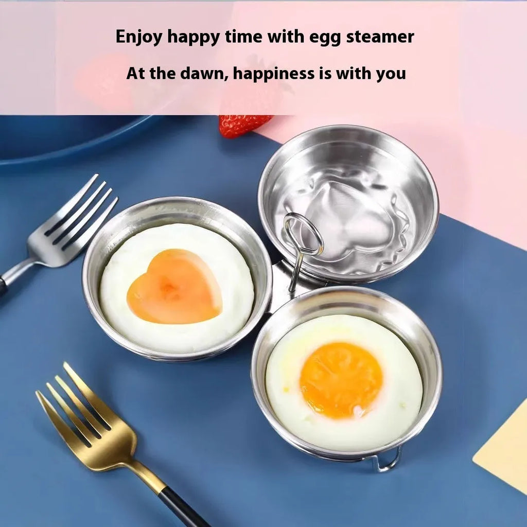 A mini stainless steel egg steamer shown in both round and heart-shaped design variations.