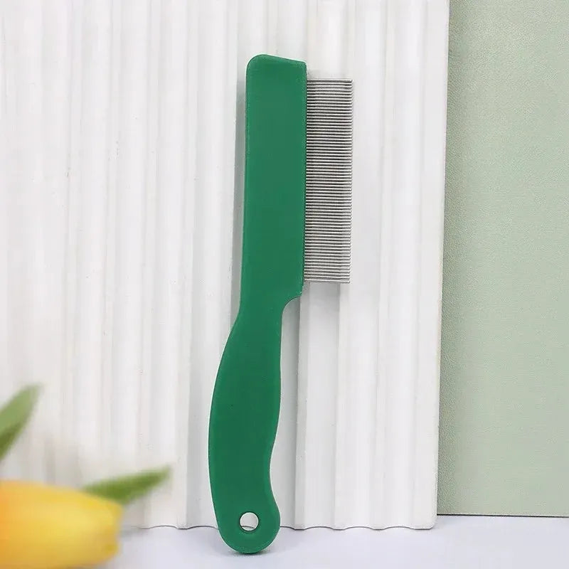 Green plastic-handled pet comb with stainless steel pins for flea and hair removal.