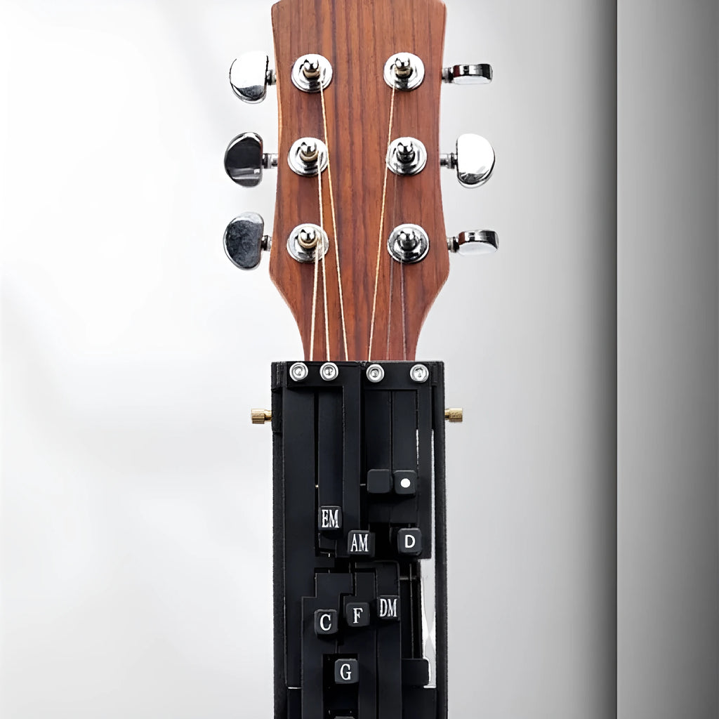 Black automatic chord changing device mounted on folk guitar neck for novice practice