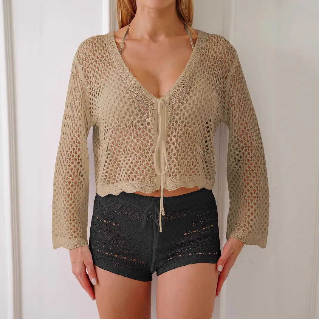 Women's hollow woven cardigan blouse with nine-quarter bell sleeves in imitation cotton fabric