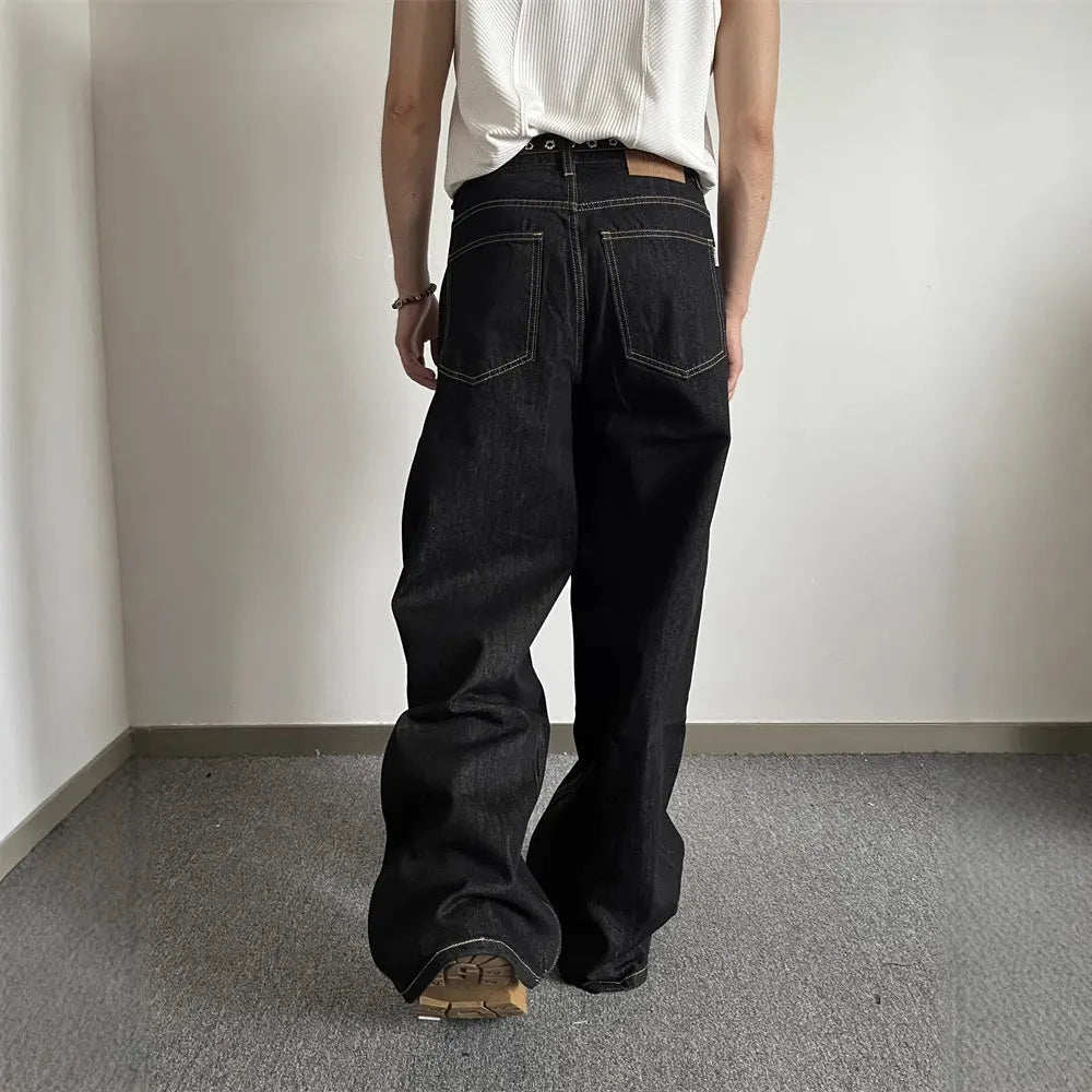 Black retro loose wide-leg jeans with straight-leg cut and mid waist