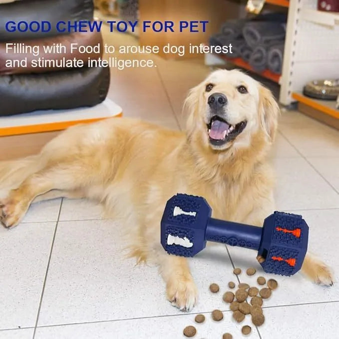 Natural rubber dog chew toy in dumbbell shape with hollow ends and textured surface