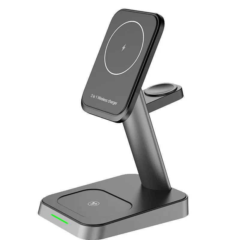 Black minimalist wireless vertical charging station with phone holder, Apple Watch charger, and 10000mAh power bank