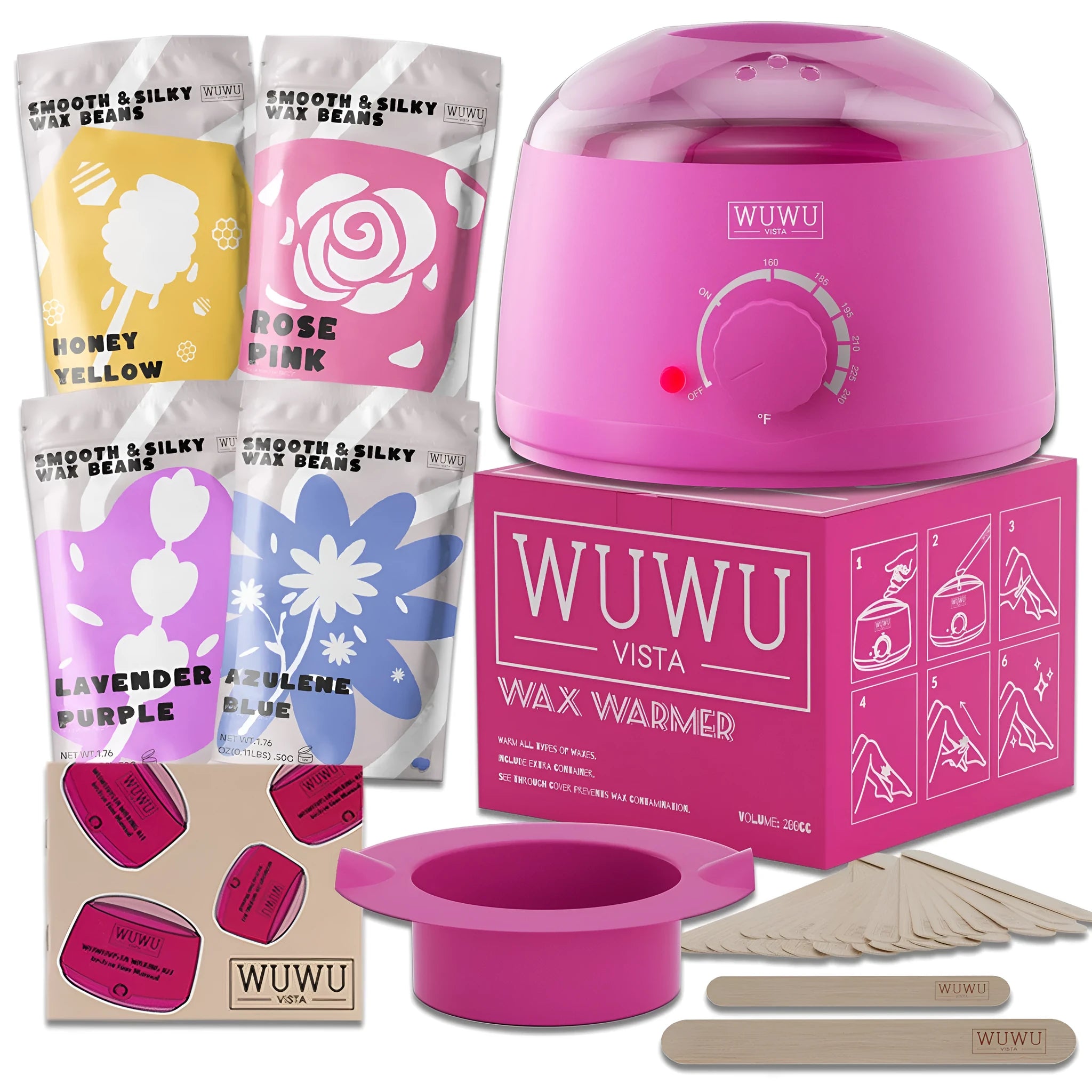 27-piece hair removal waxing kit showing coloured wax beads, wax sticks and electric warmer machine
