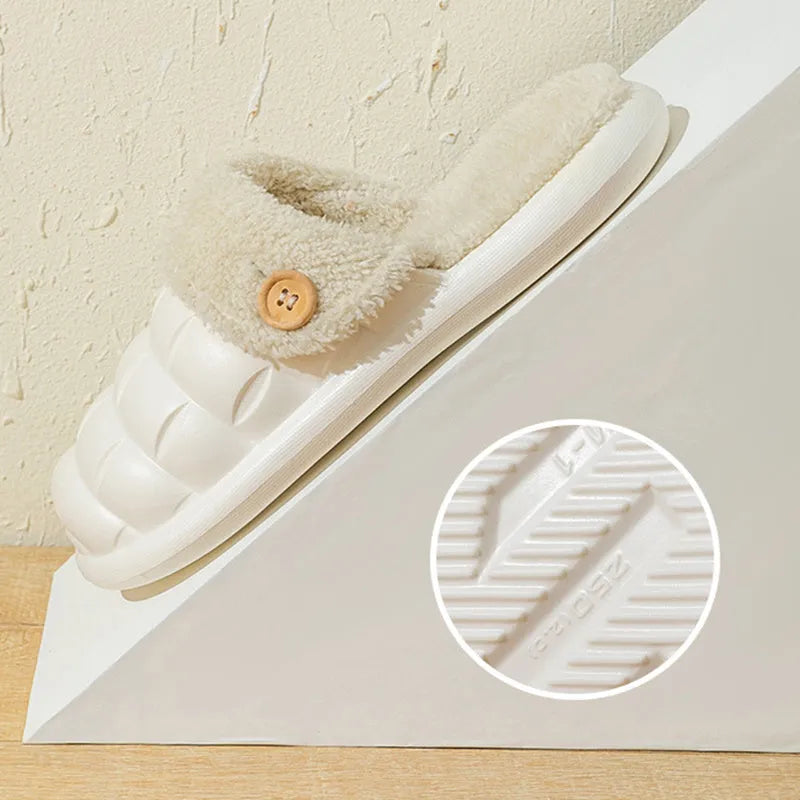 Women's detachable plush-lined EVA slippers in pink with non-slip soles for winter indoor wear