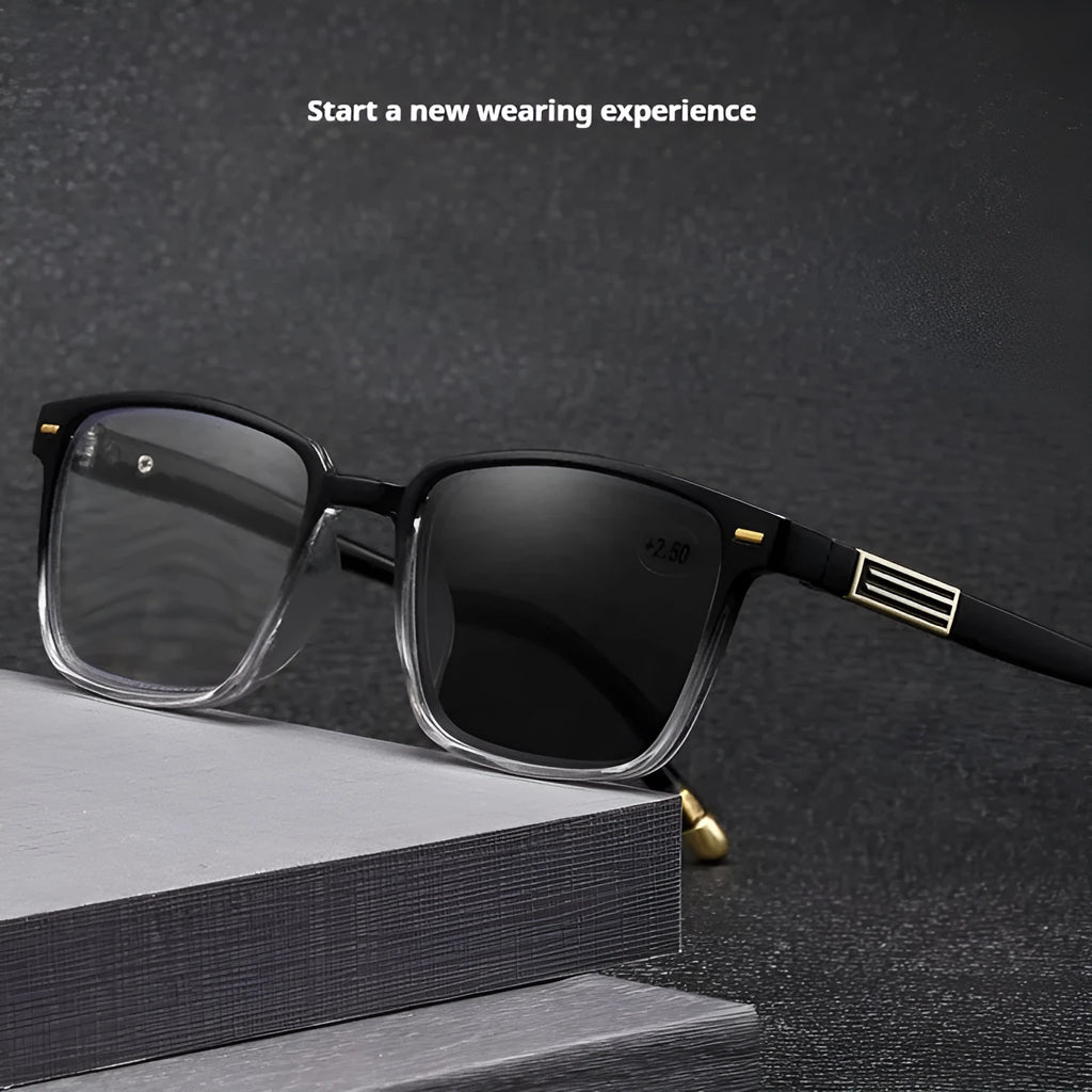 Multifocal reading glasses with anti blue light and colour-changing lenses in various frame colours