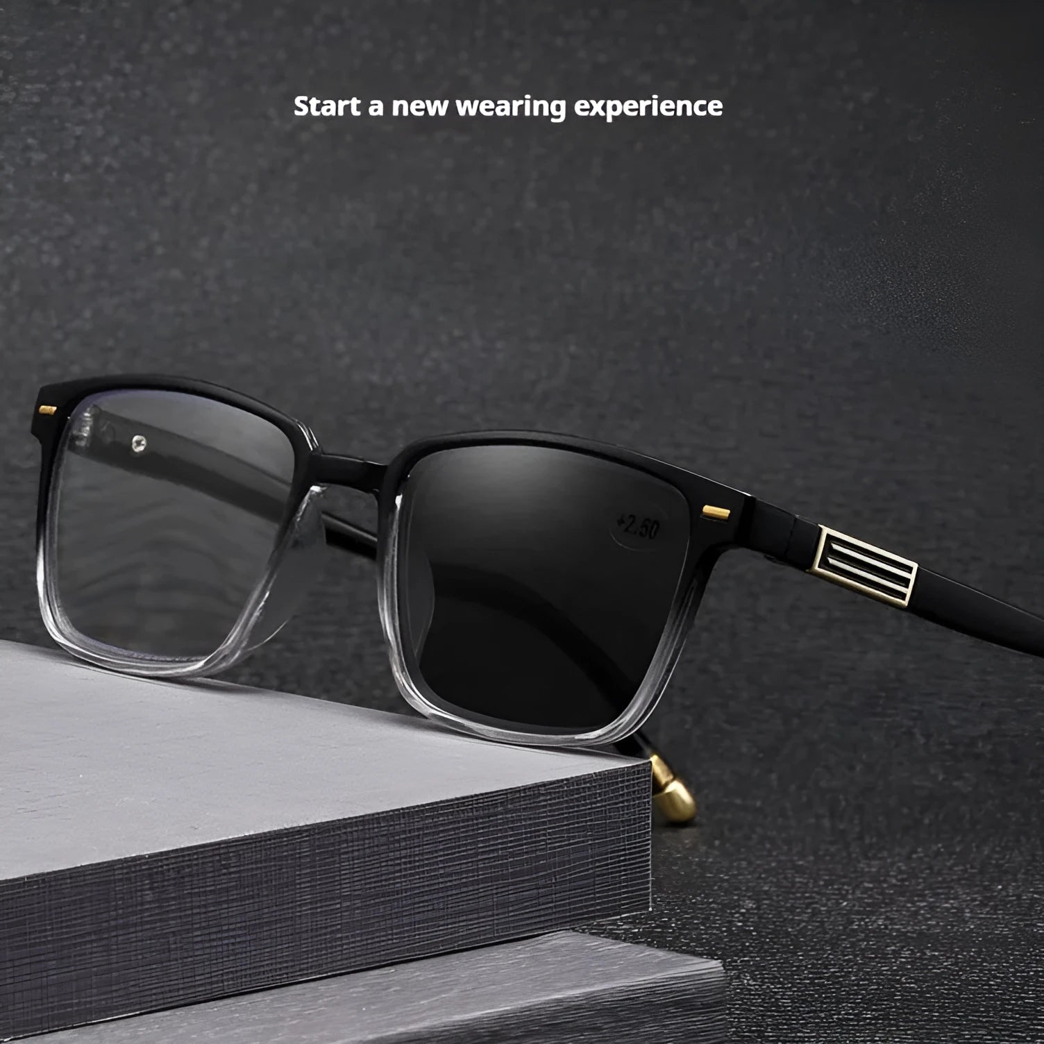 Multifocal reading glasses with anti blue light and colour-changing lenses in various frame colours