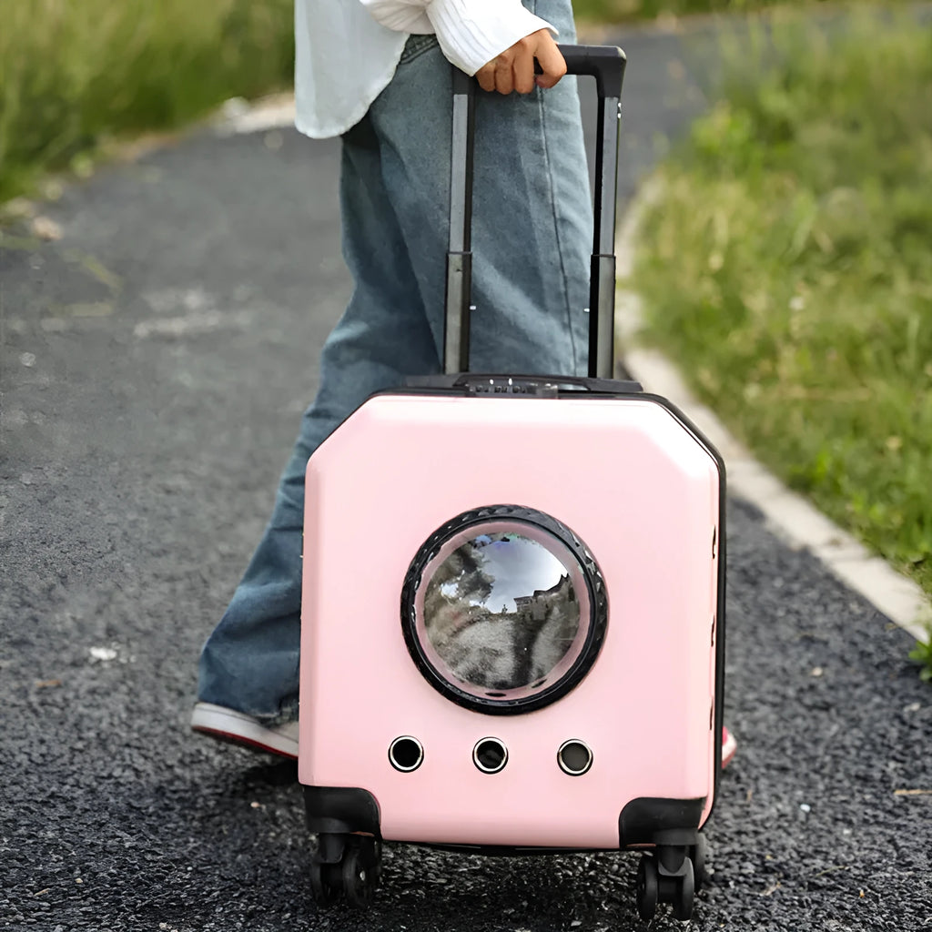 Hard-sided PVC pet flight trolley case with wheels in an orange colour, showing extending handle.