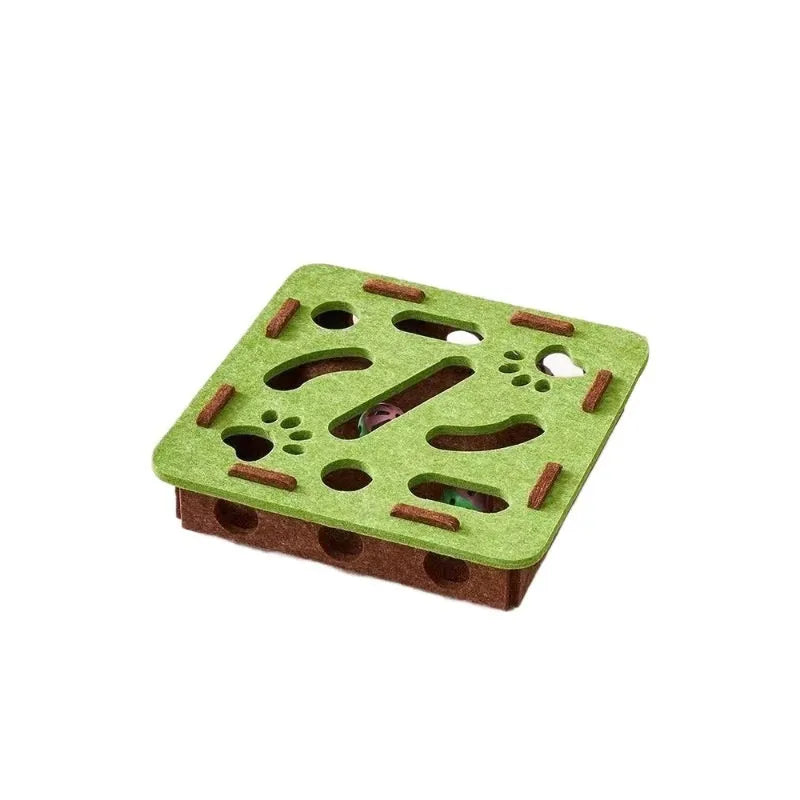 Green brown wool felt cat scratching toy box measuring 30cm with a hole in the centre.