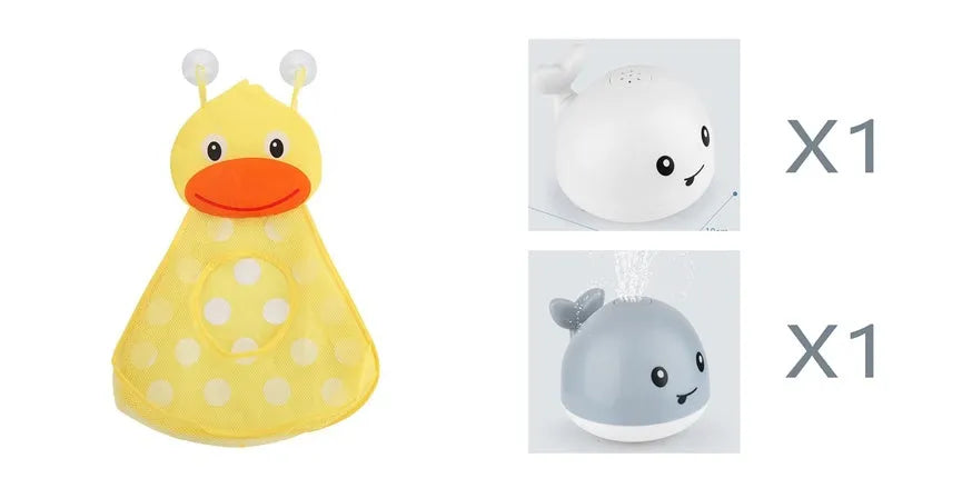 Electric whale bath toy spraying water with flashing LED lights in baby bath