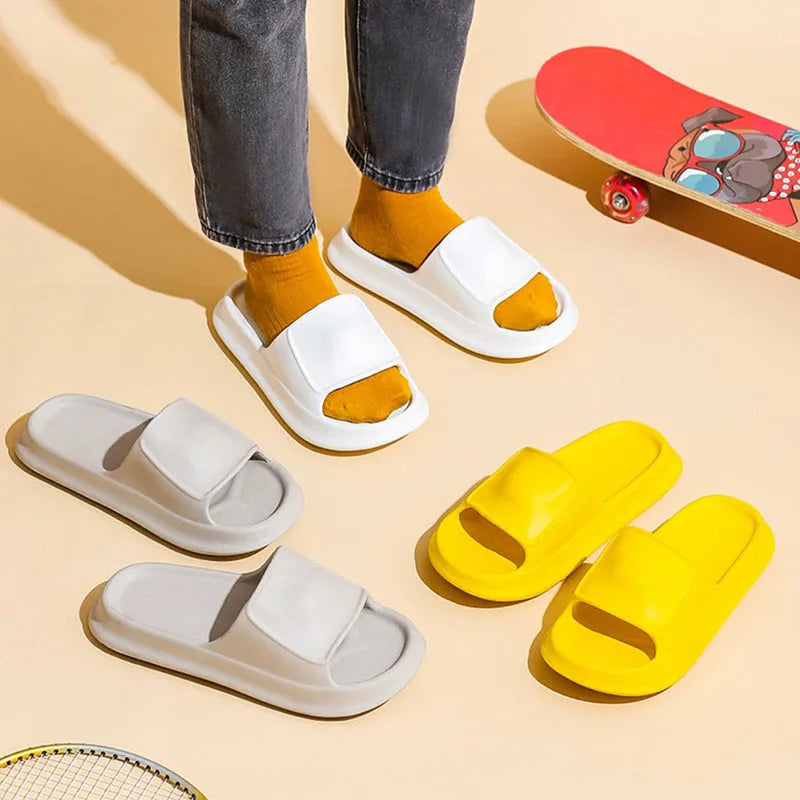 Thick-soled EVA flip-flop slippers in various colours on a white background.