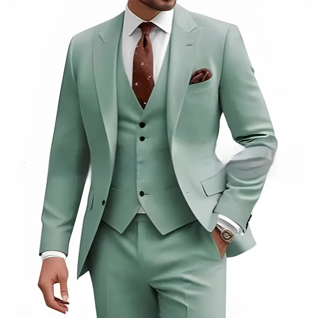 Men's slim fit three-piece suit in a chemical fibre blend, shown in multiple colour options.