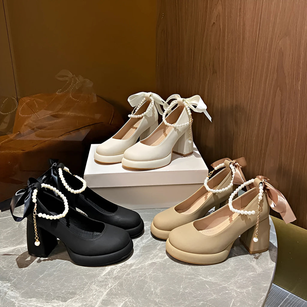 Women's Mary Jane shoes with chunky heel and ankle-strap buckle in beige, black, or milk tea colour