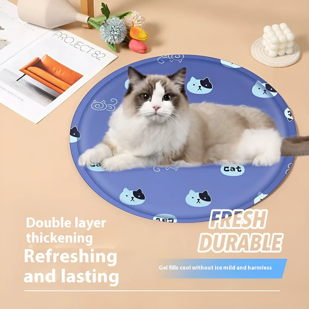 Round pet cooling pad with cartoon dog design and gel filling in 40cm or 50cm sizes