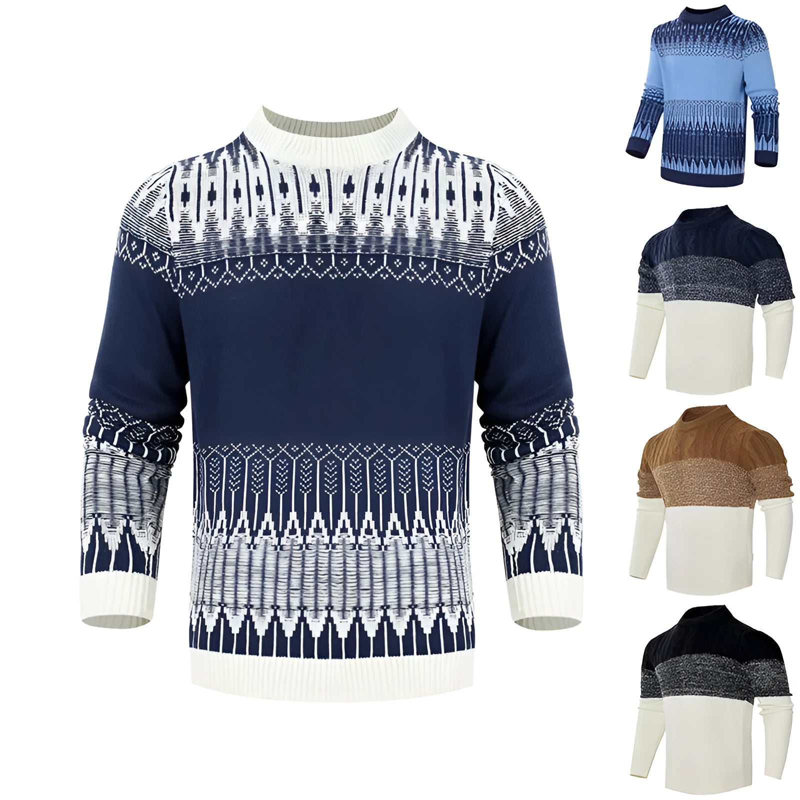 Men's soft knitted long-sleeved pullover sweater on a model, showing style variation.