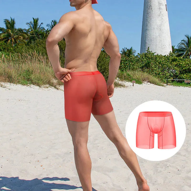Ice silk men's boxers in solid orange, pink, or red colours with low waist design