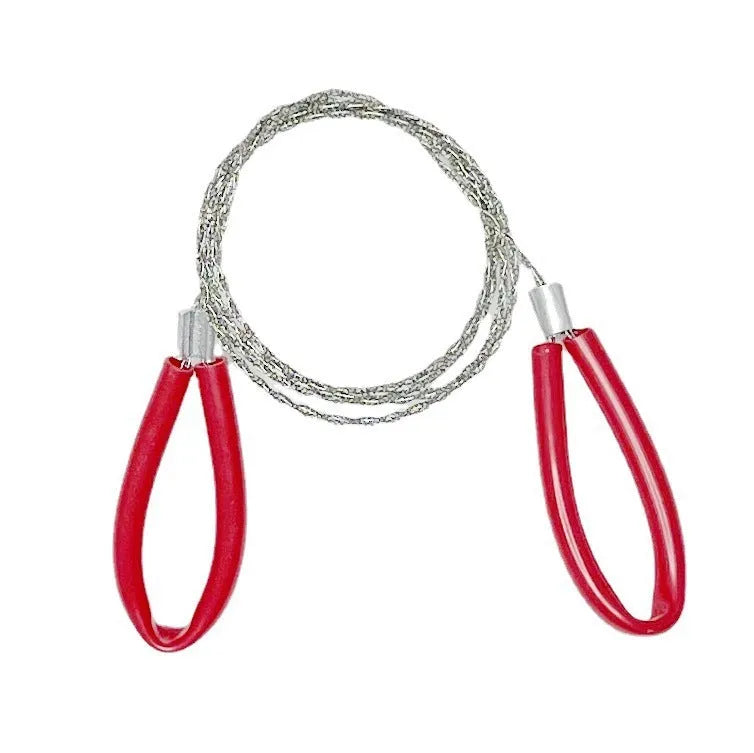 A coiled black or red survival wire saw made of braided stainless steel, shown with a scale indicating its small size.