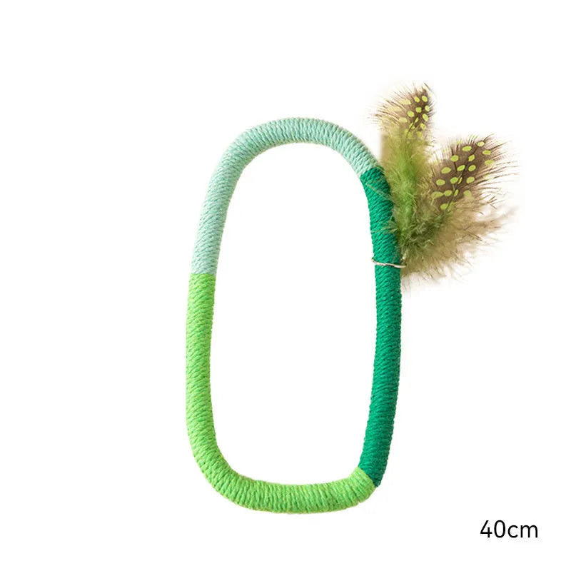 Circular green cotton rope cat toy with feathers and catnip filling for chewing and interactive play