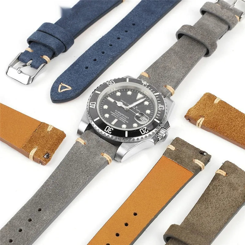 Suede genuine leather watch strap shown in brown, blue, grey, and Army Green colours for 20mm and 22mm watches.