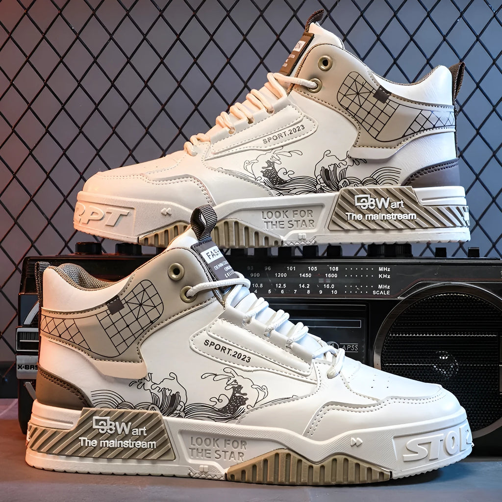 Men's beige high-top board shoes with mesh lining and rubber soles